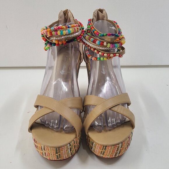 Get More Beauty Women's Platform Wedge Sandals Tan Size 7.5 Open Toe Beads Zip - Picture 3 of 12